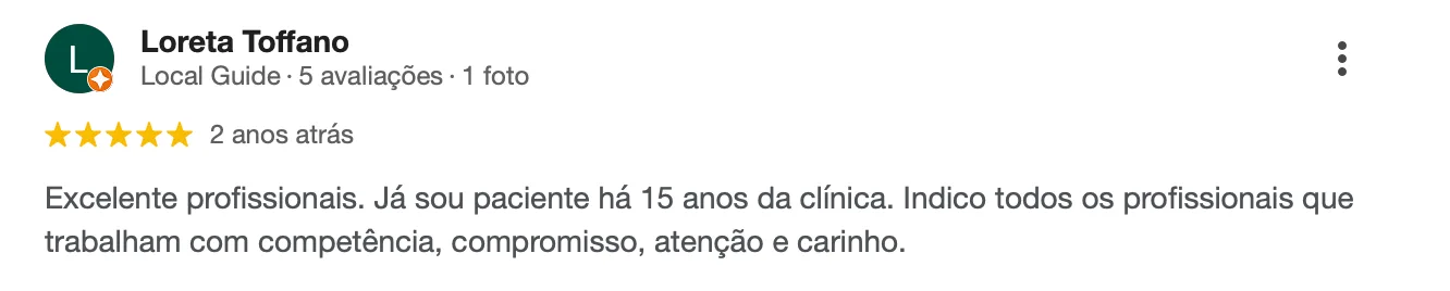 Avaliação 5 estrelas no Google de Loreta Toffano sobre a equipe da Sansão Bazan Odontologia