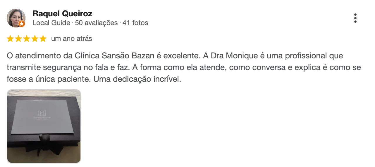 Avaliação 5 estrelas no Google de Raquel Queiroz sobre a Clínica Sansão Bazan Odontologia em Dourados MS